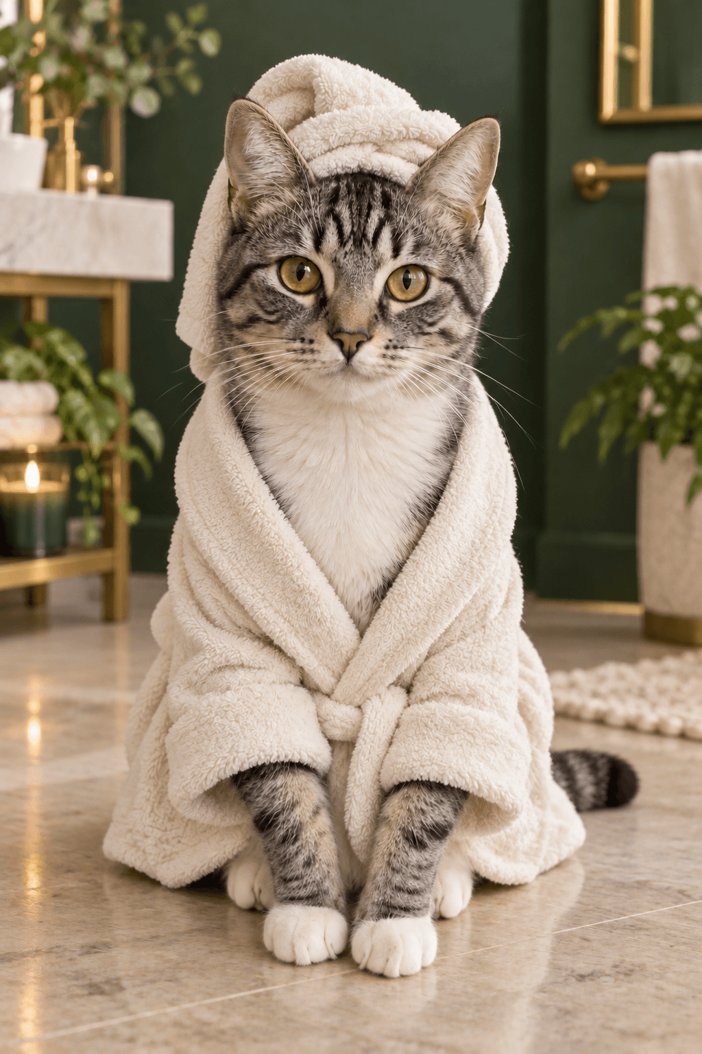 Demonstração sintética: gato de roupão em um dia de spa, emoldurado na parede